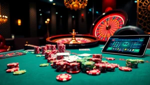 Experience thrilling gameplay at https:/nk88.us.com/ with vibrant poker chips and a roulette wheel.