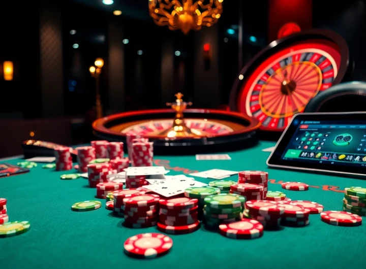 Experience thrilling gameplay at https:/nk88.us.com/ with vibrant poker chips and a roulette wheel.