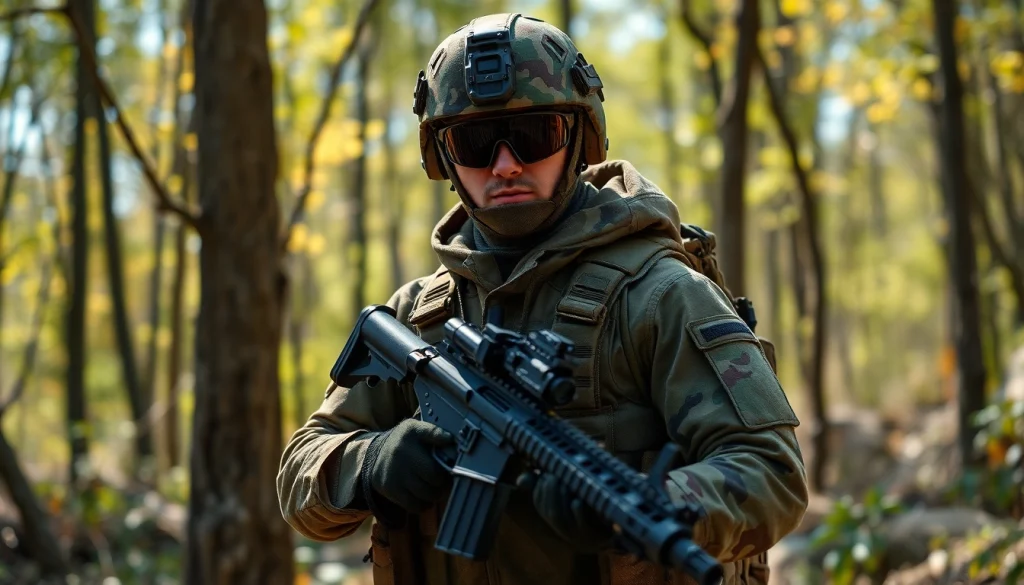 Legerprint stof in een tactische setting, met een soldaat in actie en levendige camouflage details.