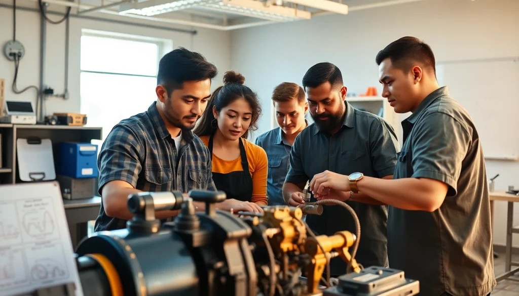 Students actively learning at trade schools Oahu, collaborating on a mechanical project.
