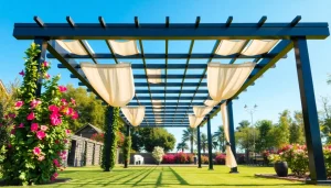 Beautiful modern steel pergola enhances a vibrant garden with lush greenery.