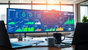 Streamlining Data Handoffs between LOS and Core with an advanced data integration dashboard in a modern office.