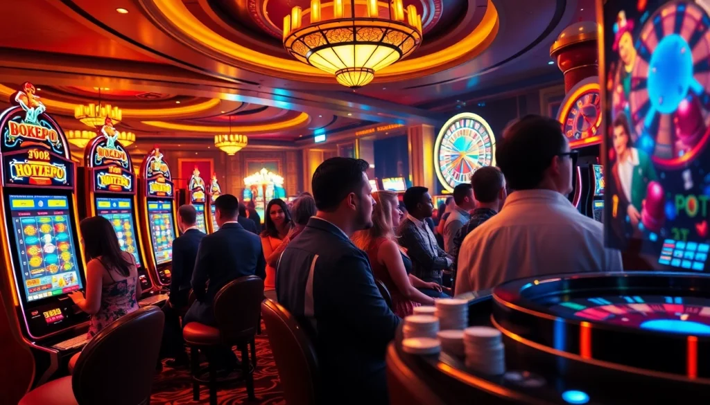 Experience thrilling action at slot depo 5k with vibrant casino slot machines and excited gamblers.