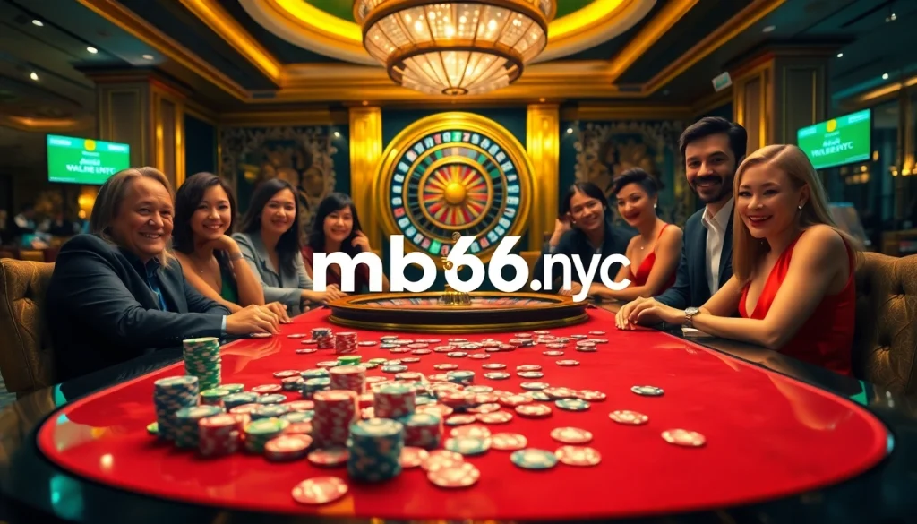 A dynamic casino scene highlighting gameplay excitement with mb66.nyc poker action and roulette wheel thrills.