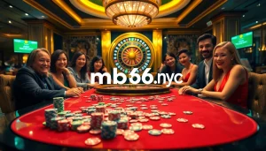 A dynamic casino scene highlighting gameplay excitement with mb66.nyc poker action and roulette wheel thrills.