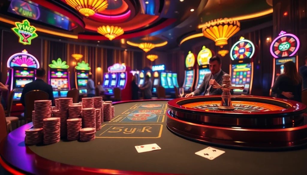 Người chơi tham gia trò chơi cược cao tại casino LUCK8, có máy đánh bạc và bàn poker.