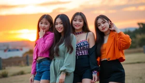 blackpink members posing together joyfully in a vibrant outdoor setting illuminated by sunset.