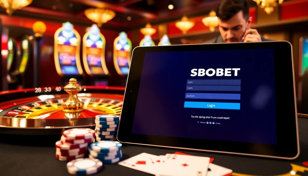 SBOBET login interface amidst vibrant poker chips, showcasing a luxury casino atmosphere.