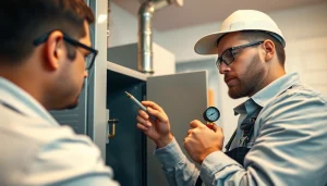 Heating repair goldens bridge technician examining a furnace in a clean, organized utility room.