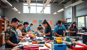 Students engaging in hands-on training at trade schools in Hawaii, highlighting diversity and collaboration.