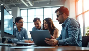 Analyze competitive intelligence trends with a dedicated team in a bright office environment.