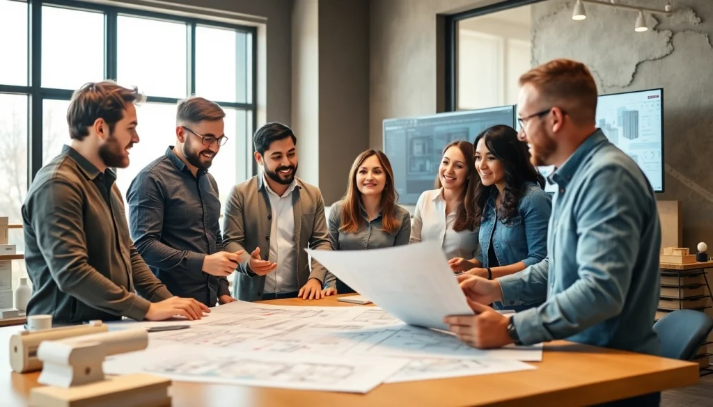 Collaborative builders discussing plans at the Texas association of builders headquarters.