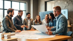 Collaborative builders discussing plans at the Texas association of builders headquarters.