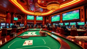 Players enjoying sbobet sports betting in a luxurious casino environment with vibrant game tables.