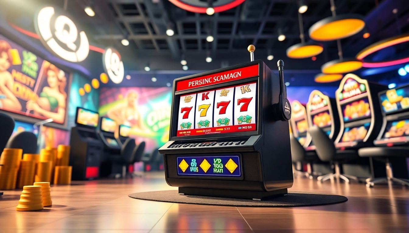 Menggambarkan pengalaman bermain qq pulsa dengan mesin slot dan ikon permainan yang cerah.
