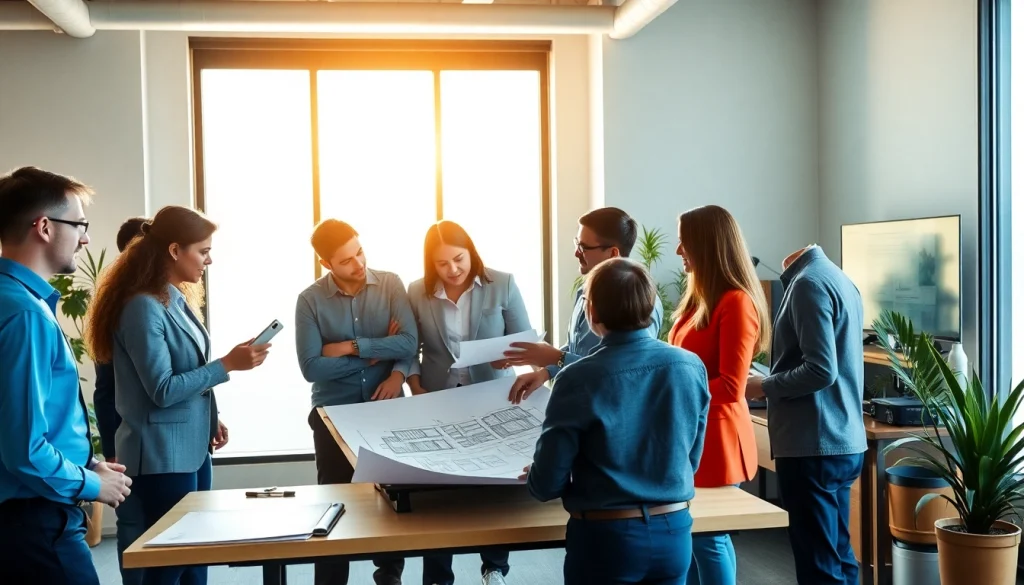 Collaboration at a construction association with diverse professionals discussing project plans.