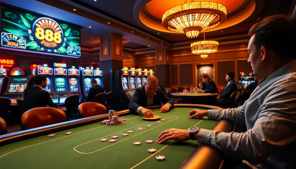Players enjoying high-stakes poker at MM88 casino with vibrant slot machines in the background.