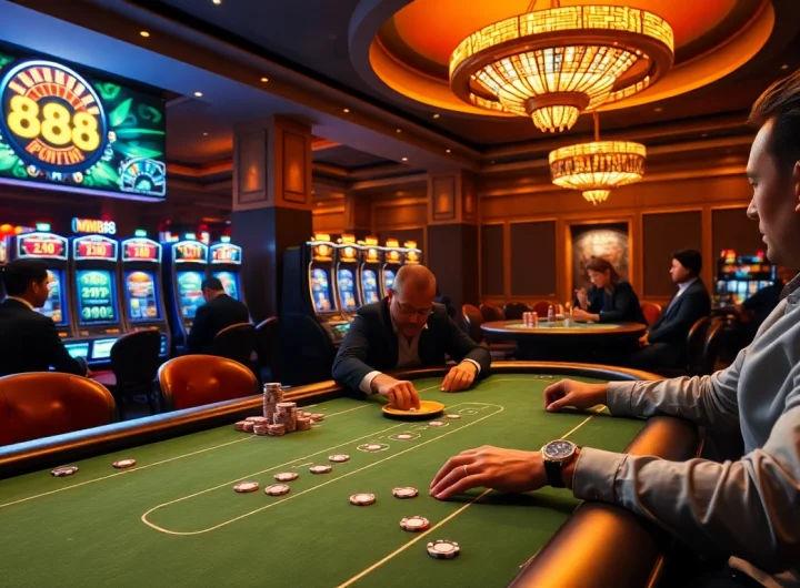 Players enjoying high-stakes poker at MM88 casino with vibrant slot machines in the background.