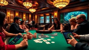 Experience a thrilling game at U888 with vibrant casino visuals and high-stakes poker tables.