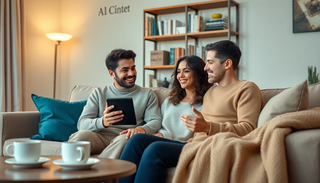 Couple engaged in playful ai sex chat on a tablet in a cozy room.