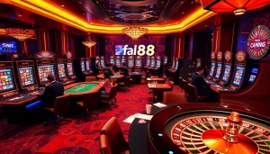 Experience the excitement of trang chủ fa88 with players enjoying a luxurious online casino setting, featuring poker and vibrant slot machines.