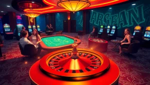 Experience the thrill of winning at https://kk55.global/ with a vibrant casino scene showcasing roulette, slots, and excited players.
