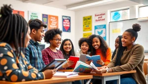 Interactive classroom scene emphasizing education equity and innovation among diverse students.