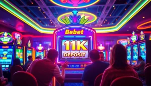Menggambarkan pengalaman slot depo 1k dengan mesin slot cerah dan pemain antusias di kasino.