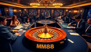 Engage with MM88's thrilling casino games featuring luxurious tables, roulette wheel, and eager players.