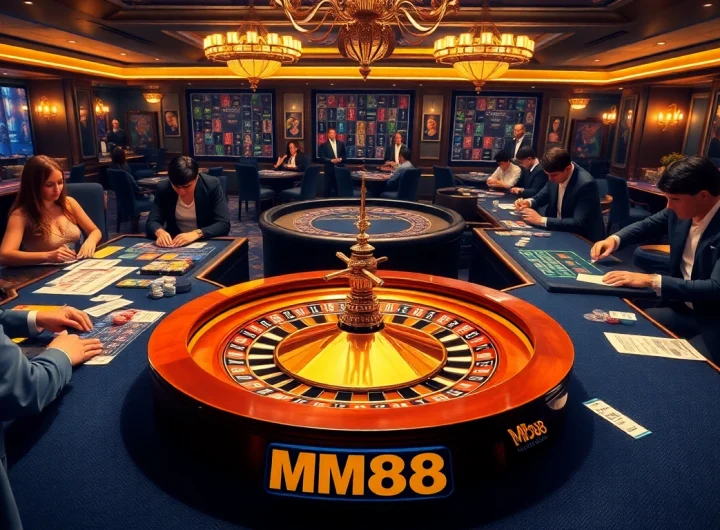 Engage with MM88's thrilling casino games featuring luxurious tables, roulette wheel, and eager players.