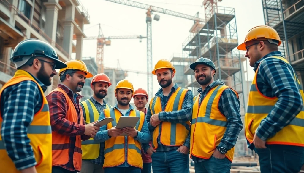 Careers in construction showcase teamwork at a construction site with diverse workers.