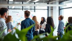 Illustration of growth strategy trends discussion among professionals in a vibrant office.