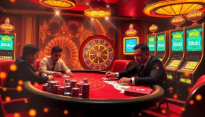 A vibrant casino scene showcasing the excitement of 88idd poker gameplay with professional players and luxury elements.