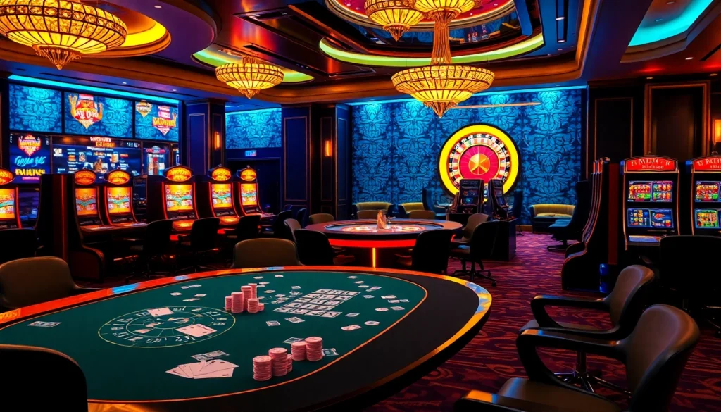 Adegan kasino yang hidup menampilkan semangat Slot Depo 5k dengan para pemain yang terlibat di meja dan mesin slot.