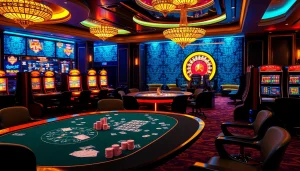 Adegan kasino yang hidup menampilkan semangat Slot Depo 5k dengan para pemain yang terlibat di meja dan mesin slot.