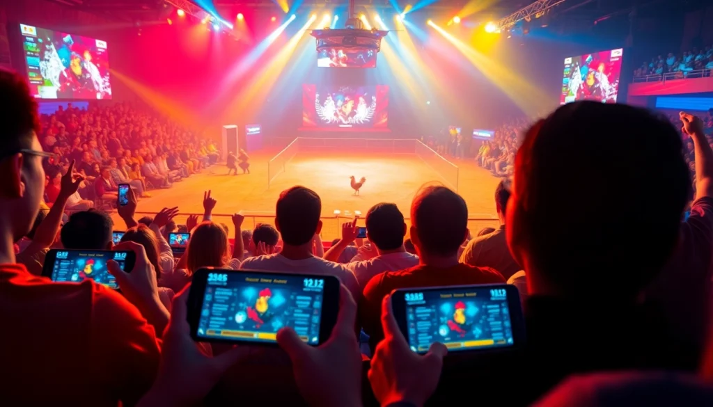 Live cockfighting action with audience engagement at sv368win.live, showcasing vibrant sports betting excitement.