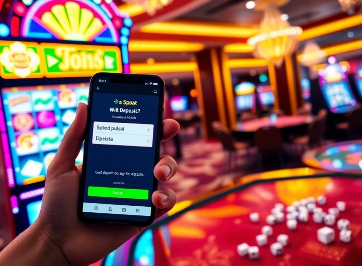 Experience the thrill of winning with slot deposit pulsa at a vibrant casino scene featuring exciting slot machines.