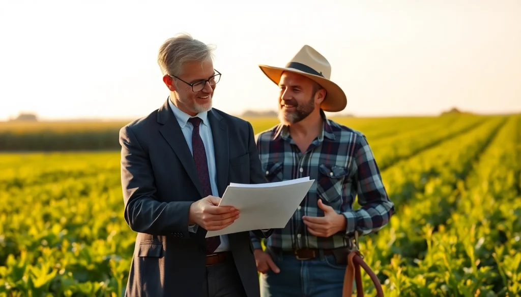 Agriculture lawyer consulting a farmer in a field, fostering trust and collaboration.
