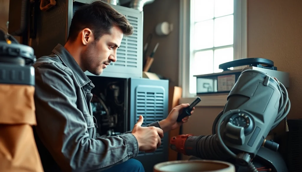 Furnace repair in Pound Ridge, showcasing a technician working with HVAC tools.