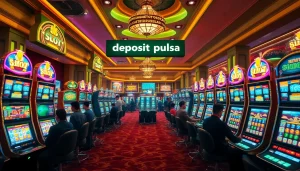 Pemain yang terlibat dalam aksi deposit pulsa slot di kasino mewah, dikelilingi mesin slot yang berwarna-warni dan meja permainan.
