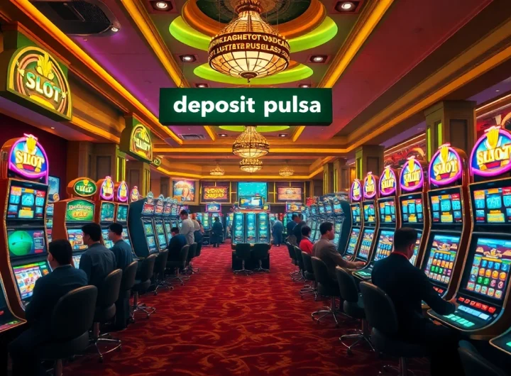 Pemain yang terlibat dalam aksi deposit pulsa slot di kasino mewah, dikelilingi mesin slot yang berwarna-warni dan meja permainan.