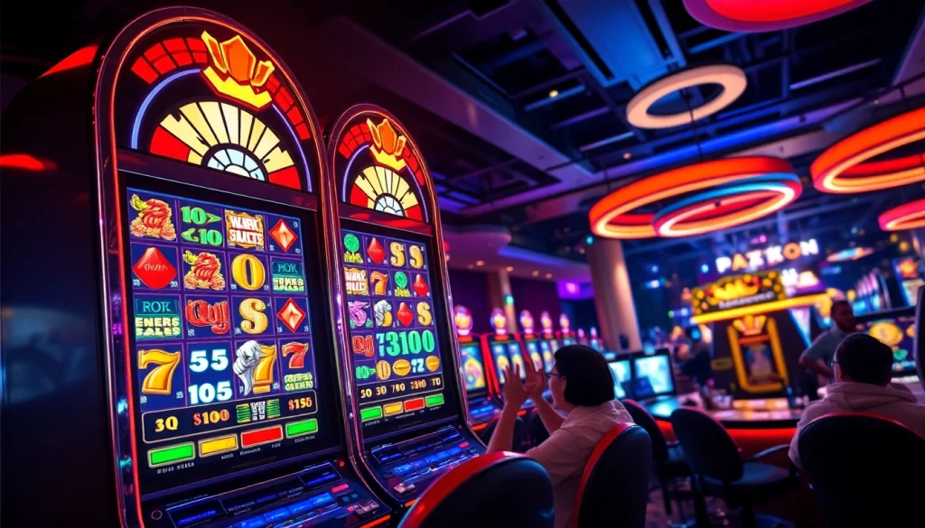 Memainkan slot depo 1k dengan mesin penuh warna dan suasana kasino yang heboh.