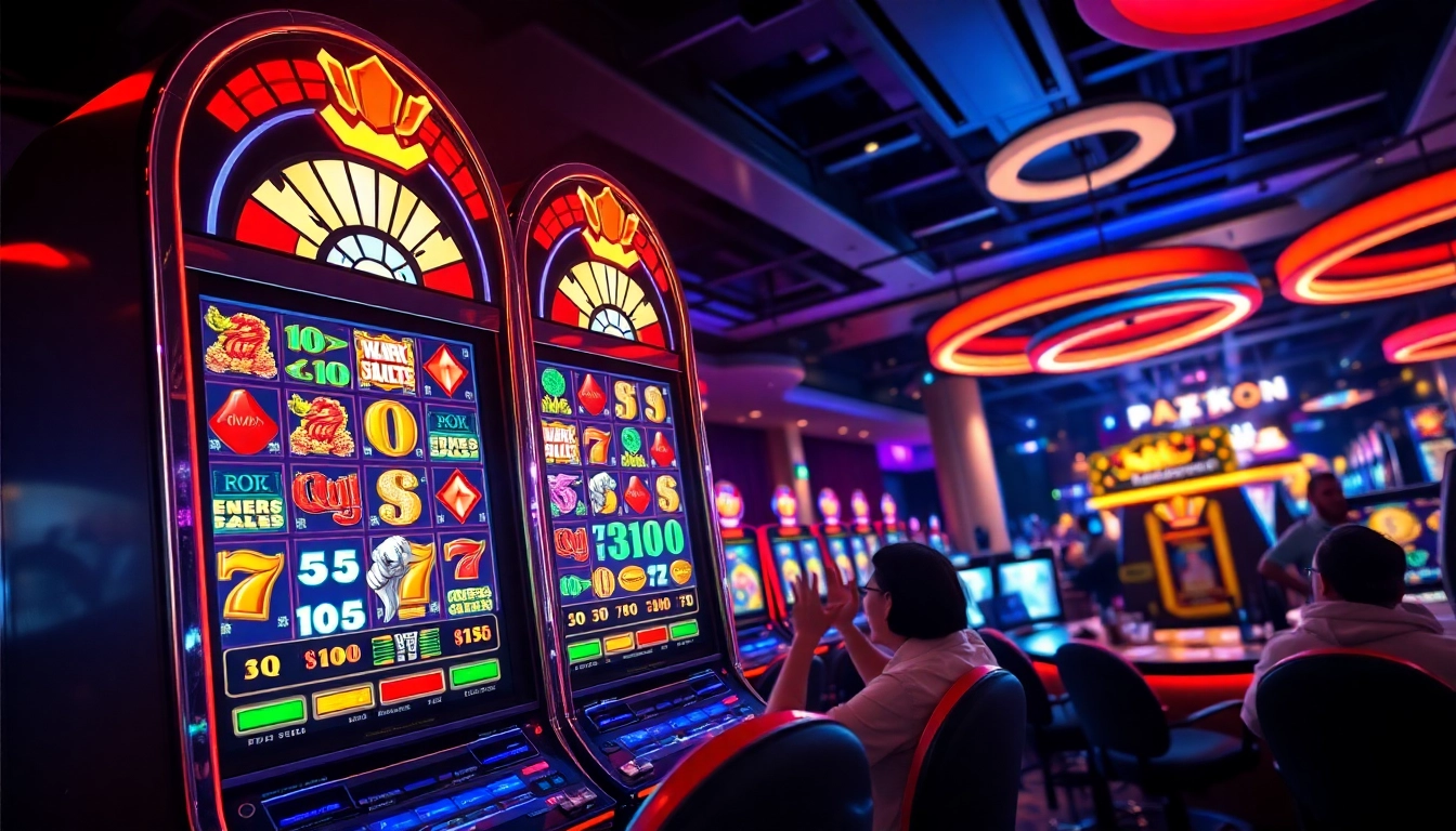 Memainkan slot depo 1k dengan mesin penuh warna dan suasana kasino yang heboh.