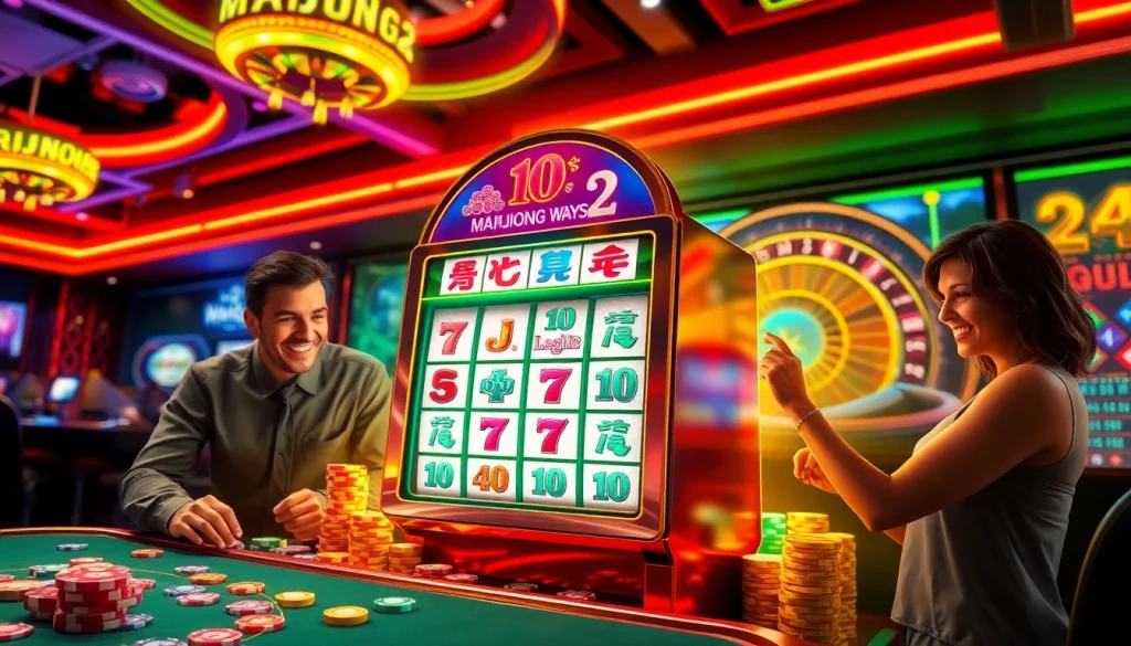 Experience Mahjong Ways 2 slot machine amidst vibrant casino activities, with players spinning for big wins.