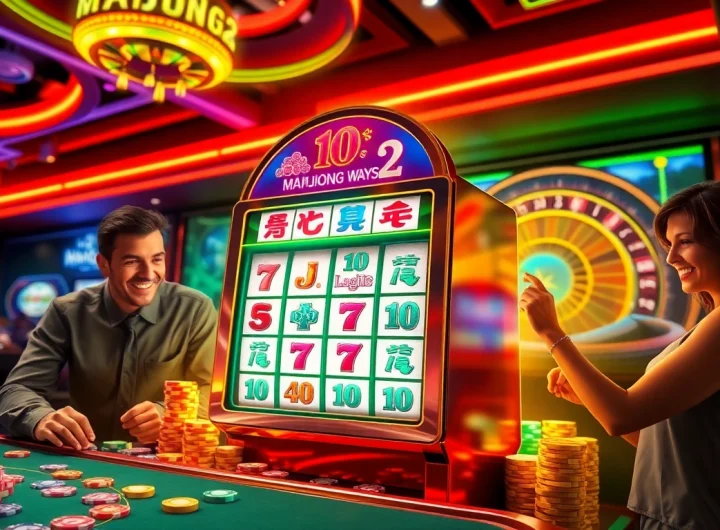 Experience Mahjong Ways 2 slot machine amidst vibrant casino activities, with players spinning for big wins.