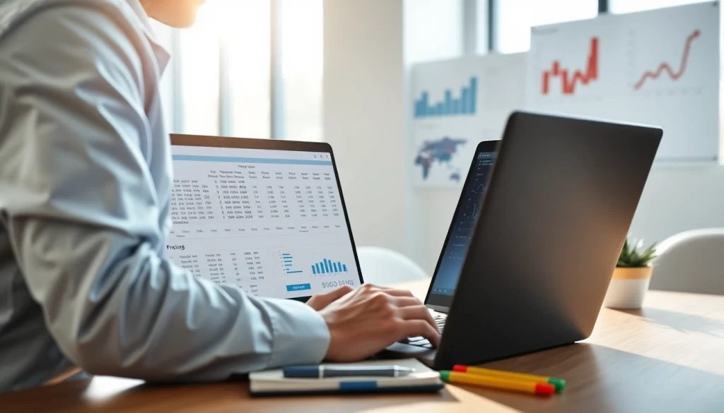 Find competitor pricing with a professional analyzing data on a laptop in a bright office.