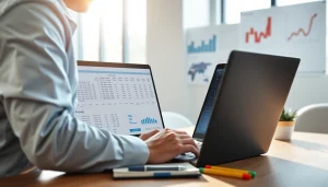 Find competitor pricing with a professional analyzing data on a laptop in a bright office.