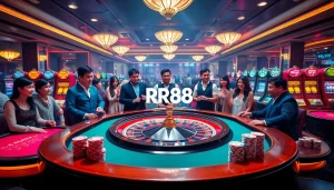Players engaging with casino games at RR88, showcasing excitement and luxury in a vibrant setting.