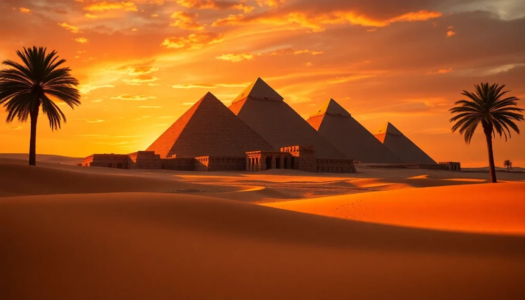 See the stunning view of piraminds under a beautiful sunset, showcasing ancient architecture.