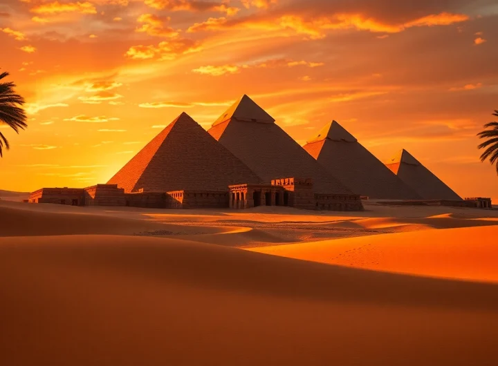 See the stunning view of piraminds under a beautiful sunset, showcasing ancient architecture.